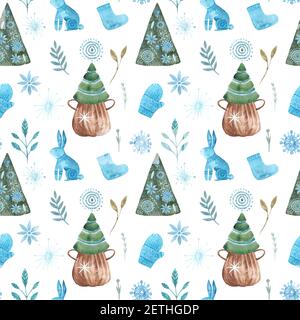 Aquarell Weihnachtsmuster, Weihnachtsbaum, Texturen, floral. Nahtloses Muster handbemalt Winter Folk Elemente auf weißem Hintergrund Stockfoto