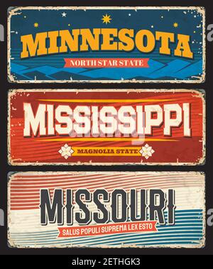 USA Mississippi, Minnesota und Missouri Amerika Staaten Platten und Vektor-Retro-Zeichen. US-amerikanische State Rosty Metallplatten mit Stadt Motto und Slogan Stock Vektor