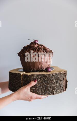 Frau hält einen Schokoladenkuchen mit Kirsche auf einem Holzteller verziert, Nahaufnahme. Köstliche Bäckerei und bieten hohe Kalorien Stockfoto