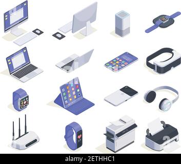 Moderne Geräte isometrische Symbole Sammlung mit sechzehn isolierte Bilder von Computer Peripherien und verschiedene Unterhaltungselektronik Vektor Illustration Stock Vektor