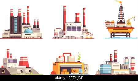 Industriegebäude flache Reihe von Erdölindustrie Kraftwerke Strom Stationen Öl Offshore-Plattform isoliert Vektor-Illustration Stock Vektor