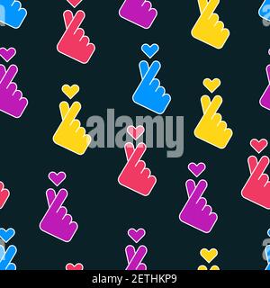 Koreanisches Liebeszeichen. Finger-Herz-Geste. Sarangae-Symbol. Nahtloses Muster auf schwarzem Hintergrund. Stockfoto