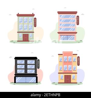 Gebäude in flachem Stil auf weißem Hintergrund. Hotel oder Gästehaus. Moderne Stadtlandschaft. Grafikelement. Vektorgrafik im Cartoon-Stil Stock Vektor