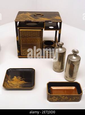 Picknick-Set, Japan, Edo-Zeit, 1603-1868, Holz, Schwarzer Lack, Nashiji, Gold und Silber maki-e, vergoldet Kupfer Stockfoto