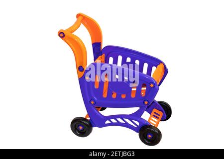 Blauer Spielzeugwagen auf weißem isoliertem Hintergrund Stockfoto
