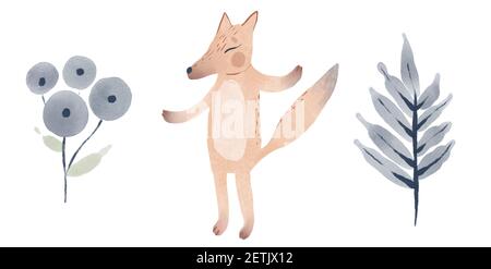 Illustration von niedlichen Cartoon Füchse, Blätter, Beeren, Pilze mit Hallo Frühling Textnachricht Stockfoto