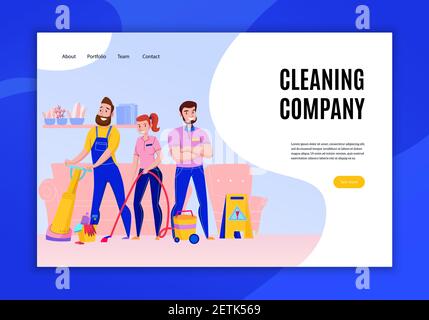 Professionelle Reinigung Unternehmen Service-Aufgaben bietet Konzept flach Homepage Website-Banner mit Personensauger Vektor Illustration Stock Vektor