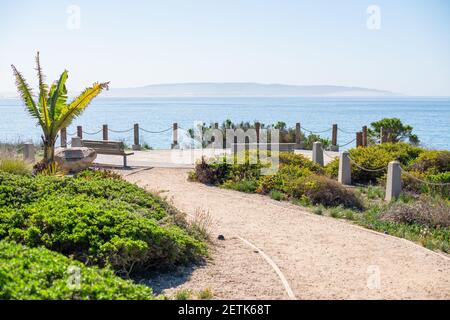 Gehweg und Holzbänke aus Baumstämmen am Rand einer Klippe mit Blick auf das Meer und Klippen. Pismo Beach, Kalifornien Stockfoto