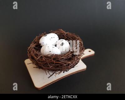 Eier in einem Nest von Zweigen auf einem schwarzen isoliert Hintergrund Stockfoto