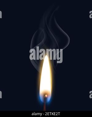 Farbige isolierte realistische Brandflamme Rauch Zusammensetzung mit realistischen Match Flamme auf schwarzem Hintergrund Vektorgrafik Stock Vektor