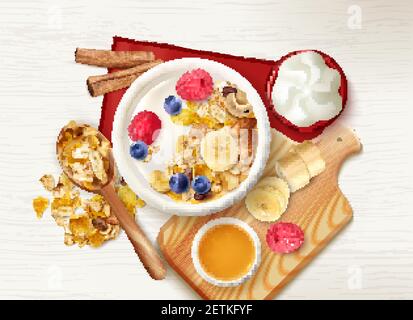 Realistische Müsli Früchte gesundes Frühstück Hintergrund mit Draufsicht auf Tisch mit Cerealien Löffel und Platten Vektor-Illustration Stock Vektor