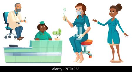 Krankenhauspersonal, Ärzte, Krankenschwestern und Rezeptionisten in medizinischen Roben mit medizinischen Sachen. Klinikpersonal, Beruf Medizin. Cartoon Menschen Vektor Illustration Stock Vektor
