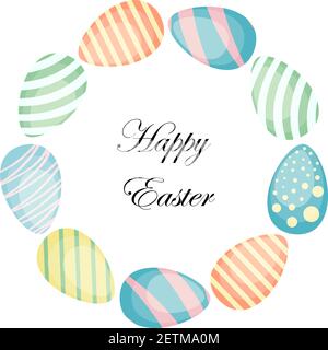 Osterkranz mit handgezeichneten farbigen Ostereiern isoliert auf weißem Hintergrund. Dekorativer Doodle-Rahmen aus Ostereiern. Verzierte Ostereier kreisförmige Form. Vektor Kreis Ornament Illustration Stock Vektor