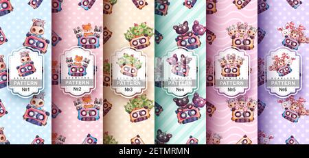 Set Cartoon Figur Tier mit Kassette - nahtlose Muster Stock Vektor