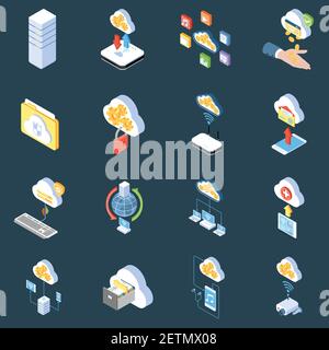 Cloud-Technologie isometrische Symbole des Speicherschutzes und der Synchronisierung von Daten auf dunklem Hintergrund isolierte Vektordarstellung Stock Vektor