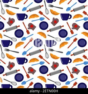 Muster mit Croissant und Küchengeräten. Stock Vektor