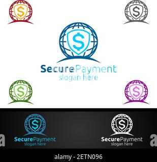 Global Online Secure Payment Logo für Security Online Shopping. Finanztransaktion. Geld Wird Gesendet. Mobile Banking Service Logotyp Konzept Stock Vektor