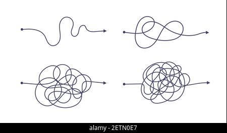 Komplexe und einfache Art und Weise von Anfang bis Ende Vektor-Illustration Set. Chaos Vereinfachung, Problemlösung und Suche nach Geschäftslösungen Herausforderung CO Stock Vektor