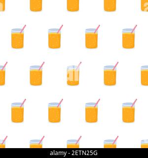 Cartoon nahtlose Muster für Stoff-Design mit Glas Orangensaft. Farbenfroher Hintergrund. Stock Vektor