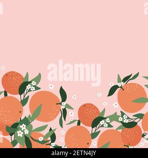 Postkarte aus abstrakten Zweigen von Orange, Blättern und rosa Hintergrund. Hintergrund-Vektor Natur. Geeignet für Postkarten, Hintergründe, Aufkleber Stock Vektor