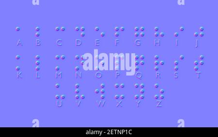 Braille Punkte Alphabet für Sehbehinderte, normale Karte, 3D Render Stockfoto