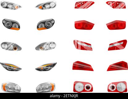 Realistische Auto-Scheinwerfer mit zwölf isolierten Bildern von verschiedenen gesetzt Vektordarstellung: Scheinwerfer und Bremsleuchten vorn im Auto Stock Vektor