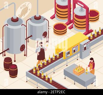 Weinherstellung mit Pressen von Trauben Abfüllband und Alterung Von Getränk in Fässern isometrische Vektor-Illustration Stock Vektor
