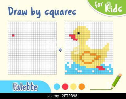 Kopieren Sie das Bild, zeichnen Sie Quadrate. Spiel für kleine Kinder Ziehen Sie eine Ente von Zellen. Gelbe Ente Cartoon, Zeichnung Fähigkeiten Ausbildung. Kindervorschulaktivitäten. Stock Vektor
