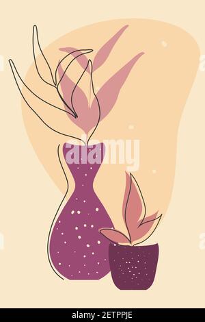 Vector minimalistische Boho Wandkunst, handgezeichnete Laub Linie Design, Vase, Blumentopf, abstrakte Formen Stock Vektor