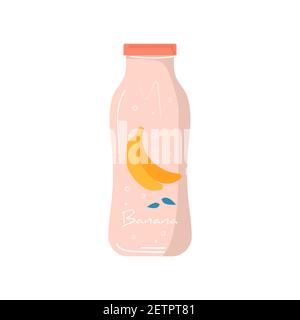 Sommer Bananensaft in Flasche Ikone mit Früchten und Beeren. Vegane Früchte und gesunde Detox-Cocktails. Vegetarische Mischungen, Softdrinks und erfrischendes Vitamin Stock Vektor