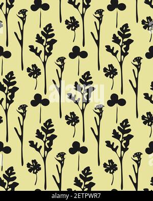 Vektor botanische nahtlose Muster, schwarze Silhouetten von Wiesenkräutern. Hellgelber Hintergrund Stock Vektor
