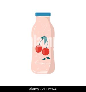 Sommer Kirschsaft in Flasche Ikone mit Früchten und Beeren. Vegane Früchte und gesunde Detox-Cocktails. Vegetarische Mischungen, Softdrinks und erfrischendes Vitamin Stock Vektor