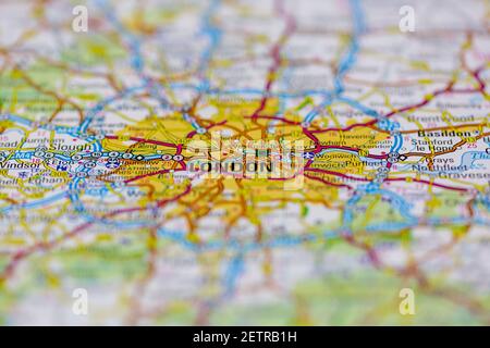 London auf einer Straßenkarte oder Geografie-Karte und angezeigt atlas Stockfoto