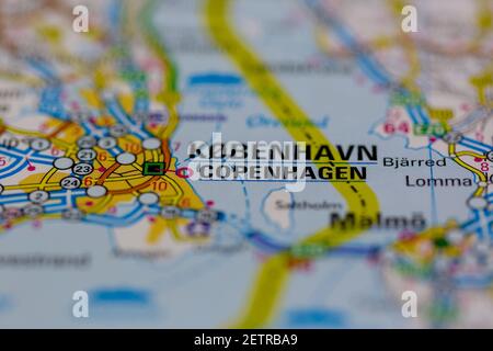 Kopenhagen auf einer Straßenkarte oder Geografie-Karte und angezeigt atlas Stockfoto