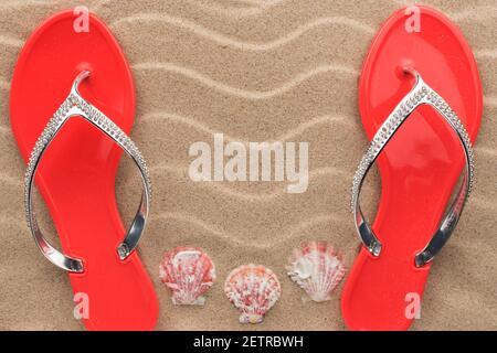 Muscheln und rosa Flip Flops, verziert mit Strasssteinen am Strand Sand. Draufsicht. Mit Platz für Design, Text Ort. Stockfoto