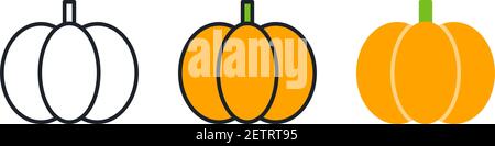 Kürbissymbol. Lineare Farbsymbol, Kontur, Form, Kontur isoliert auf Weiß. Dünne Linie. Modernes Design. Vektorset. Illustrationen von Gemüse. Stock Vektor