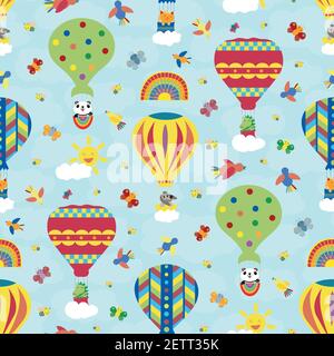 Cute Kawaii Panda Reisen in Heißluftballons nahtlose Vektor-Muster Hintergrund. Helle mehrfarbige Kulisse mit Cartoon-Bären., Sonne, Schmetterlinge Stock Vektor