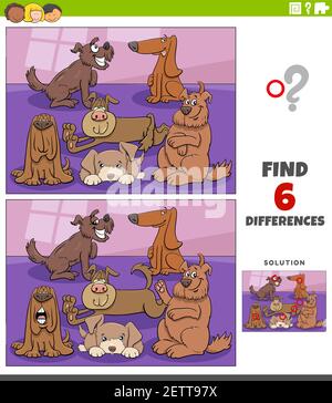 Cartoon Illustration der Suche nach den Unterschieden zwischen Bildern Lernspiel Für Kinder mit lustigen Hunden und Welpen Zeichen Stock Vektor