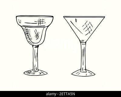 Margarita Glas (geled) und Cocktail-Glas (martini) isolierte Sammlung, skizzieren einfache Doodle Zeichnung, Tiefdruck-Stil, Design-Element Stockfoto