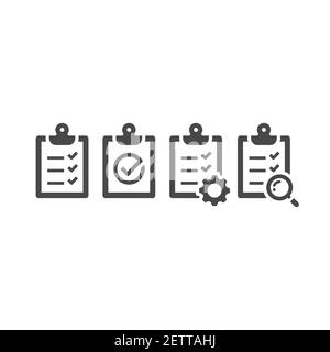 Zwischenablage Checkliste schwarzen Vektor-Symbol gesetzt. Klemmbrett mit Zahnrad, Lupe, Häkchen oder Häkchen. Stock Vektor