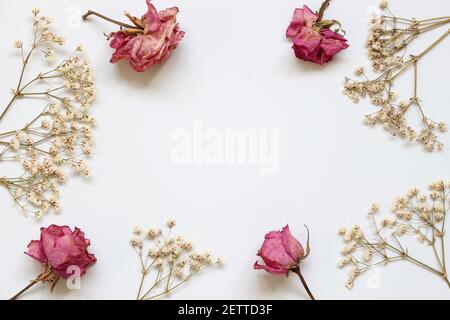 Ein Rahmen von rosa Rosen getrockneten Blumen Stockfoto