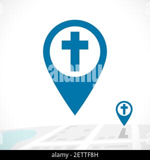 Christian Pin Symbol. GPS-Navigation mit Kreuzsymbol auf 3D Kartenkonzept. Ortslogo für religiöse Veranstaltungen. Isolierte abstrakte Grafik Design templ Stock Vektor