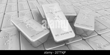 Palladium-Stäbe nach höchstem Standard. Viele Barren von 999,9 Fine Palladium liegen in einer Reihe. 3D Abbildung Stockfoto