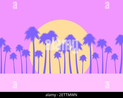 Palmen und Sonnenaufgangslandschaft. Tropischer Sonnenschein im flachen Stil. Exotischer Sonnenuntergang. Rosa und violette Farbe. Design für Poster, Reise-Banner. Vektor Stock Vektor