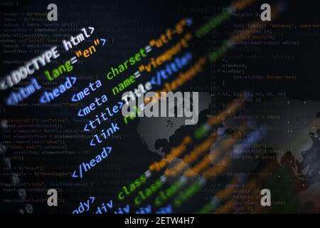 html Front-End Web Entwicklung Programmiersprache für Website-Codierung. Mixed-Media-Banner Stockfoto