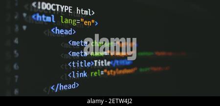 html Front-End Web Entwicklung Computer-Sprache für Website-Codierung. Mixed Media Banner Stockfoto