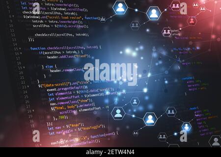 javascript-Programmiersprache für Website-Front-End-Codierung. Web-Entwicklung. Mixed-Media-Hintergrund Stockfoto