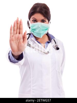 Chirurg zeigt Stop mit der Hand Stockfoto