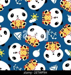 Süßer Kawaii Panda mit Koffern, Ankern und Booten. Nahtloser Hintergrund für Vektormuster. Cartoon Bären halten Reisegepäck mit Segelwerkzeugen und Stock Vektor