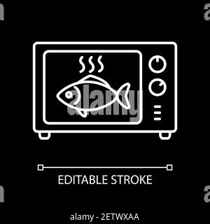Braten Sie Fisch in Mikrowelle weiß lineare Symbol für dunkle Thema Stock Vektor